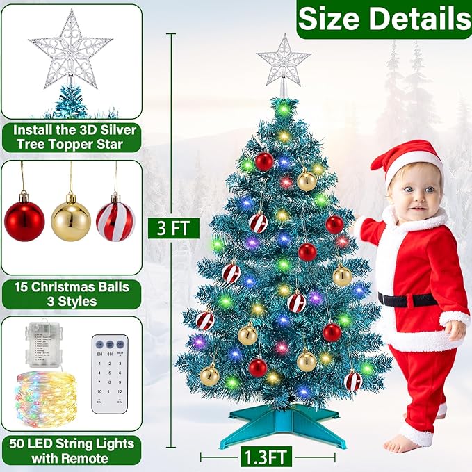 [ Timer & 12 Modes ] 3 Ft Blue Christmas Tree with DIY 50 Warm White & Multi Color Lights 15 Ball Ornaments 3D Star Remote Control Battery Operated Pencil Full Tree Xmas Christmas Decorations Table