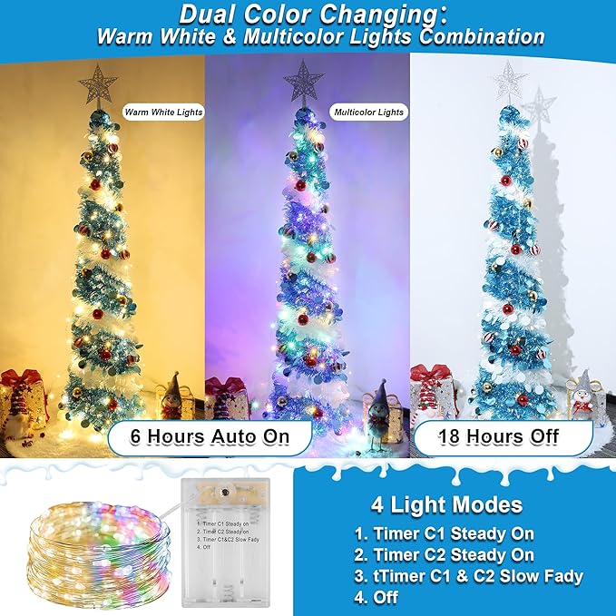 5FT Pop Up Christmas Tree with Timer 60 Warm White & Multi Color Fairy Light 3D Star 15 Ball Ornament, Blue White Tinsel Christmas Tree Slim Pencil Xmas Tree Home Office Holiday Decor Indoor Outdoor