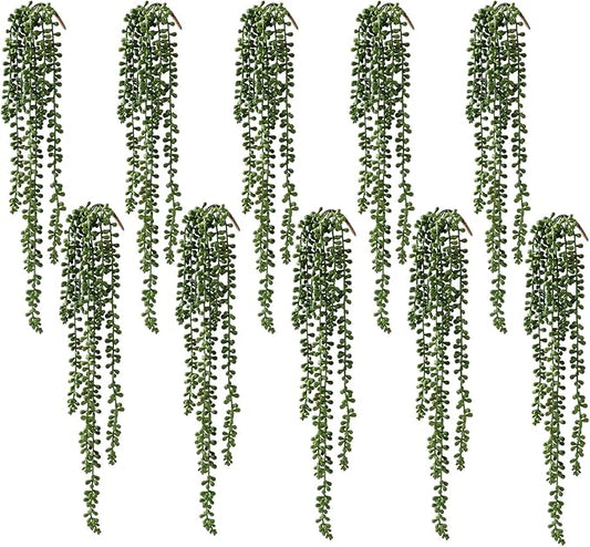10 Pcs Artificial Succulents Hanging Plants, Fake String of Pearls Greenery Plants, Decoration for Wall Home Backdrop Garden Windows Balcony Indoor and Outdoor (10PCS Green)