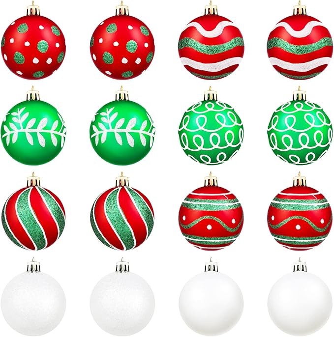 MCEAST 16 Pieces 3.15 Inches Christmas Balls Christmas Tree Pendants Shatterproof Decorative Baubles Balls for Christmas Tree Decoration, Red, Green, White