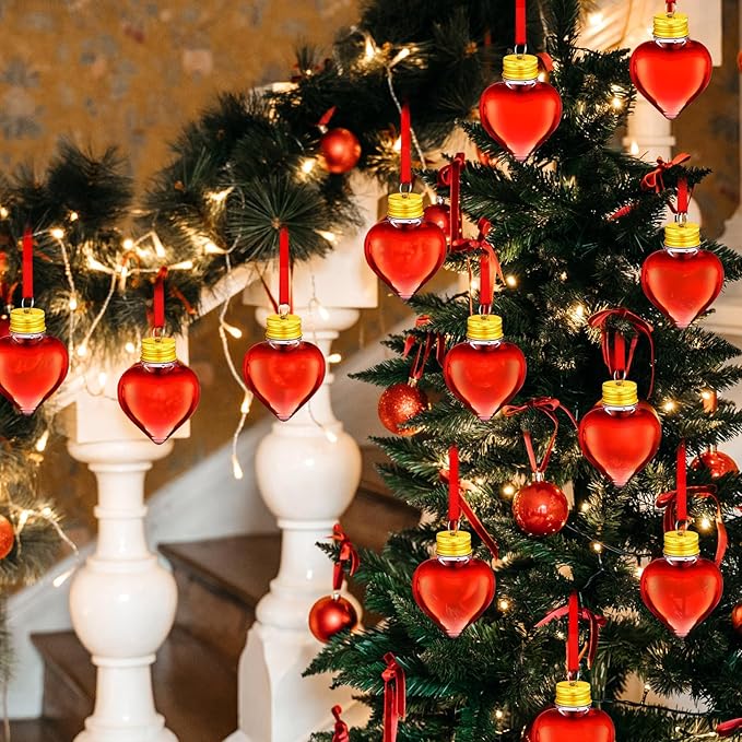 Patelai 18 Pcs Christmas Drink Balls Clear Shot Glass Ornaments Xmas Tree Fillable Ornaments Plastic Xmas Water Bottle Bulbs for Holiday Party Decorations(Heart,50 ml)