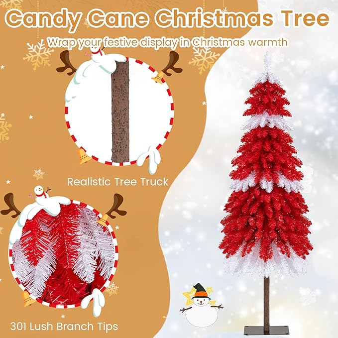 Happygrill 5 FT Artificial Christmas Tree, Candy Cane Xmas Tree with 301 Branch Tips, 100 Warm White LED Lights & Metal Base, Holiday Decoration Tree for Party Carnival