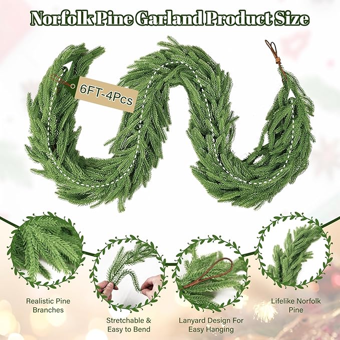 4Pcs 6FT Christmas Garland Real Touch Norfolk Pine Garlands, Artificial Faux Greenery Garland for Decorations Indoor, Pine Garland for Mantle, Fireplace, Wall, Mantle, Holiday Decor