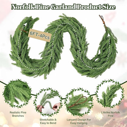 4Pcs 6FT Christmas Garland Real Touch Norfolk Pine Garlands, Artificial Faux Greenery Garland for Decorations Indoor, Pine Garland for Mantle, Fireplace, Wall, Mantle, Holiday Decor