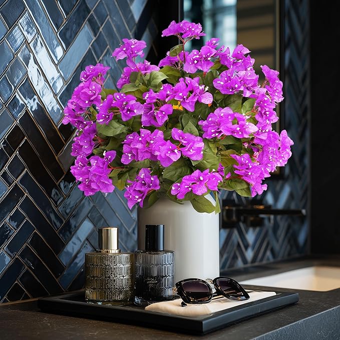 4 Pcs Artificial Flowers Bougainvillea Outdoor Artificial Plants Faux Flowers with Stems Silk Flowers for Wedding Porch Living Garden Decor(4PCS,Dark Purple)