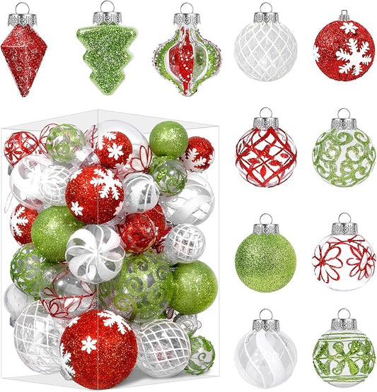 43 PCS Christmas Ball Ornaments Set, Clear Plastic Shatterproof White Red and Green Christmas Ornaments Hanging Balls Baubles Xmas Tree Decorations for Holiday Home Indoor Wedding Party Decor