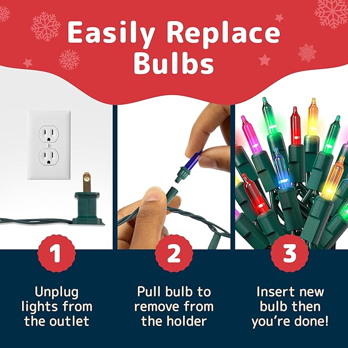 PREXTEX 50 Ct. Multi-Color Christmas Tree Lights with Green Wire - 10 Ft String Lights for Indoor and Outdoor Use - Multicolor Twinkle Christmas Tree Decoration with End-to-End Connectors