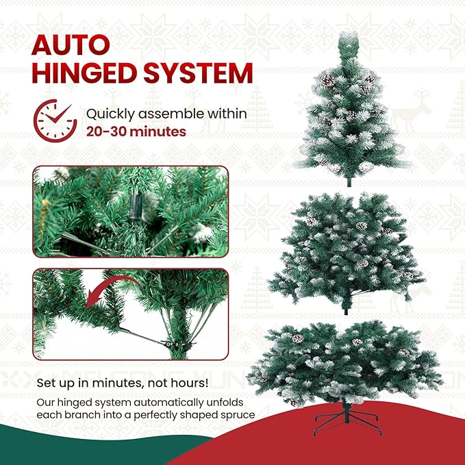 Beyond Prelit 7FT Artificial Christmas Tree with 250 LED Warm White Lights, Hinged Green Christmas Tree with 1100 Branch Tips and Pinecone, Xmas Tree with Metal Stand for Home, Party Decoration, Green