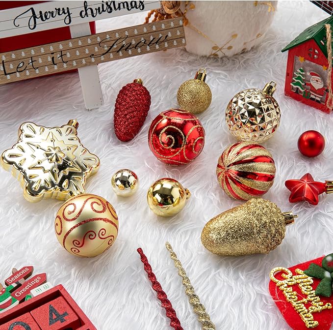 110Pcs Christmas Ball Ornaments Set, Assorted Red and Gold Christmas Ornaments for Xmas Tree, Shatterproof Plastic Baubles Hanging Decorations for Holiday/Party/Wedding