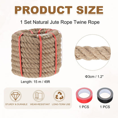 MECCANIXITY Jute Rope 1.2 Inch x 49ft, Thick Twine Rope Ropes Braided Jute Twine Natural Brown Burlap Cord String Heavy Twisted with Tapes for Decorative Crafts Railing Swing Tug of War