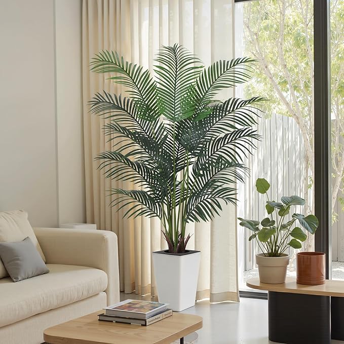 Artificial Palm Tree with White Tall Planter, 6ft Tall Potted Artificial Silk Palm Tree Plant, Fake Tropical Plant, Home Office Floor Room Decor Plants Indoor Outdoor, Housewarming Gift