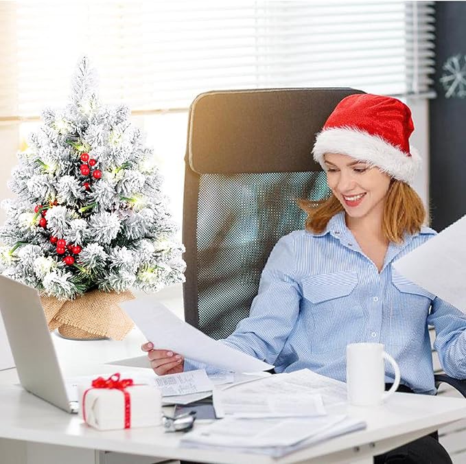 20 Inch Flocked Mini Christmas Tree with Lights, Berries and Cloth Bag Base, Pre-lit Artificial Tree for Tabletop Home Kitchen Livingroom Decoration, White+Green