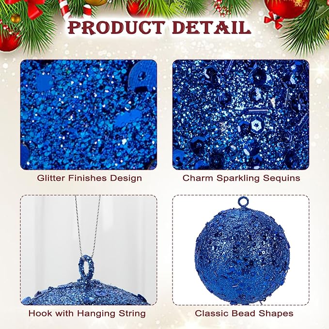 4" Large Christmas Balls Ornaments 6 Pcs Shatterproof Big Navy Blue Christmas Ornaments for Tree Glitter Big Xmas Tree Ornament for Xmas Halloween Holiday Wedding Party Decoration
