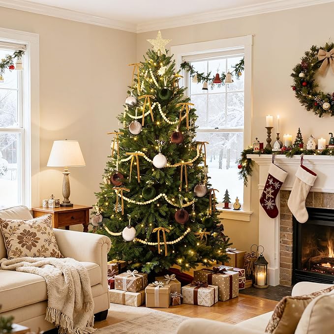 24 Pack Velvet Christmas Ornaments Set, 3.15 Inch Large Neutral Christmas Ball Ornaments Shatterproof Flocked Hanging Balls with Velvet Bows for Xmas Tree Garland Wreath Holiday Home Decor