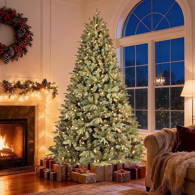 8FT Pre-Lit Artificial Christmas Tree with 2748 PE&PVC Mixed Branch Tips, 600 Warm White Lights, Hinged Premium Spruce Fake Xmas Trees, Green, Foldable Base