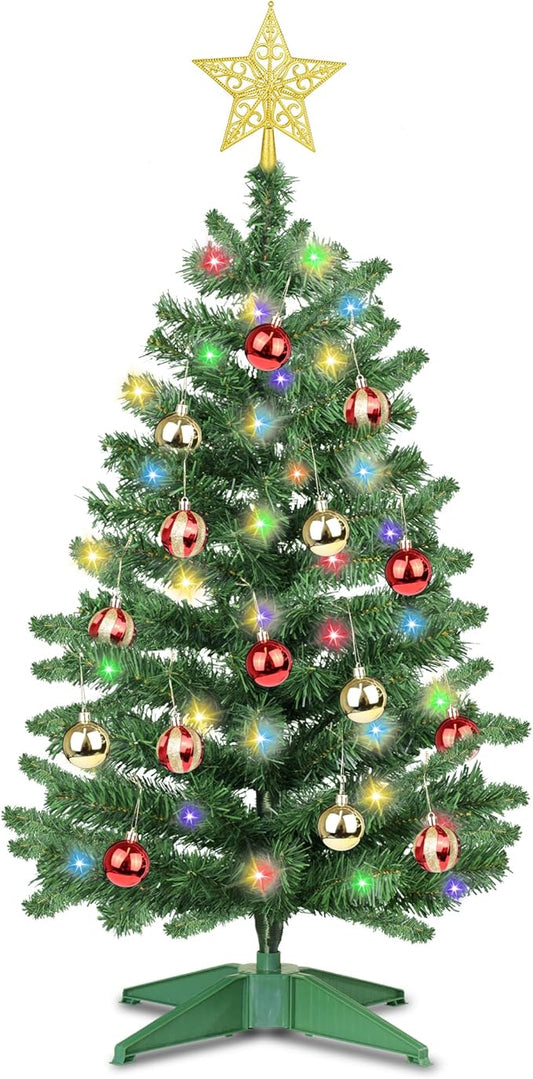 3 Ft Premium Green Christmas Tree 12 Modes Dual Color Change Timer DIY 50 Warm White & Multicolor Lights Star 15 Ball Ornaments Battery Operated Small Artificial Full Xmas Tree Table Home Indoor
