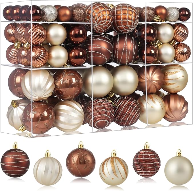 100PCS Brown and Gold Christmas Ornaments Set, Shatterproof Christmas Ball Ornaments Bulk, Assorted Decorations Baubles Hanging Ornaments for Christmas Trees Holiday Party Decor (Brown & Gold)