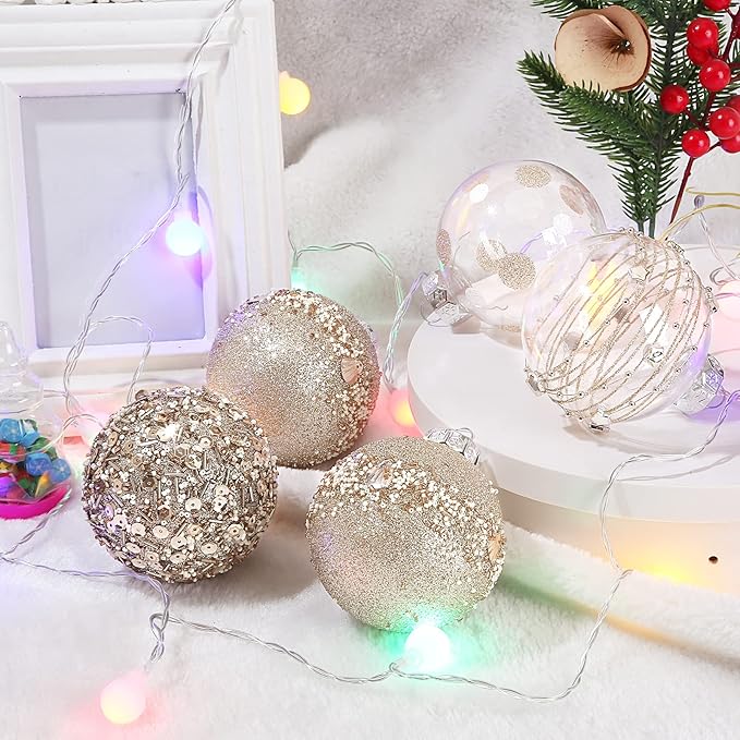 Clear Christmas Ball Ornaments for Christmas Tree Decorations Hanging Balls 8 Pcs 3.15" Glitter Crystal Champagne Shatterproof Christmas Ornaments Balls Set for Xmas Wedding Party Holiday Home Decor