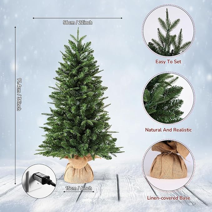 Alupssuc 3 ft Small Prelit Artificial Christmas Tree with Color LED Lights, Remote Control and Timer, Perfect PE+PVC Little Tabletop Christmas Tree for Xmas Desk, Home Decor, 3 Foot