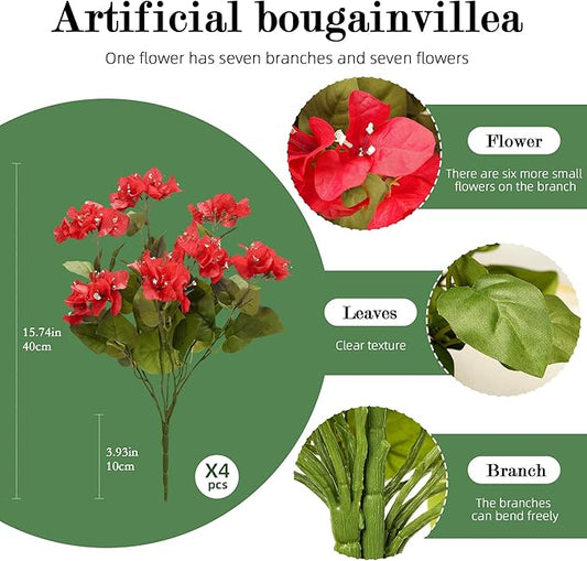 4 Pcs Artificial Flowers Bougainvillea Outdoor Artificial Plants Faux Flowers with Stems Silk Flowers for Wedding Porch Living Garden Decor(4PCS,Red)