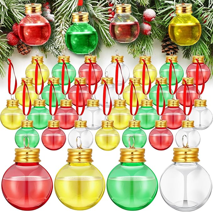 Patelai 36 Pcs Christmas Drink Balls Shot Glass Ornament Plastic Fillable Christmas Tree Ornaments Xmas Water Bottle Bulbs for Holiday Party Indoor Outdoor (Colorful)