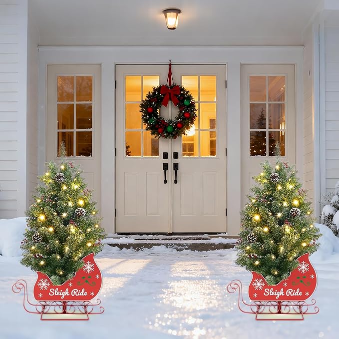 3FT Small Christmas Tree, Artificial Christmas Tree with 78 LED Lights & Bobsleigh Base, Prelit Mini Tree for Christmas Decor, Tabletop Christmas Tree, 8 Modes Remote Control, Timer Battery Operated