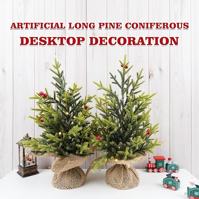 Set of 2 Mini Christmas Tree, 12 in Pre-lit Tabletop Xmas Decorations with 8 Warm LED Lights, Battery Operated with Timer, Burlap Base Artificial Pine Tree for Indoor Desk Office Dorm