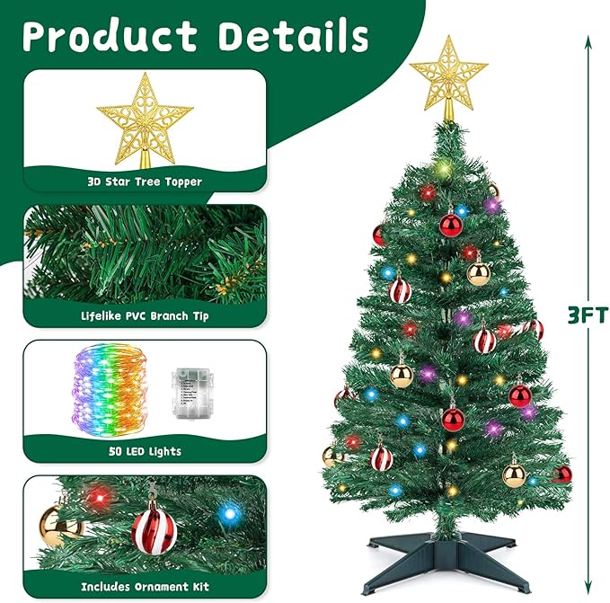 3 FT Small Christmas Tree with Lights, 12 Lighting Modes, Timer&Ornaments, Mini Fake Artificial Xmas Tree for Tabletop, Home, Office, Christmas Decoration Tree Decor