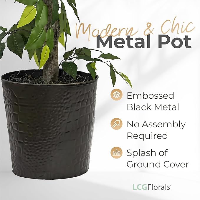 4ft Ficus Tree in Black Metal Pot with Real-Wood Trunk - Indoor and Outdoor Faux Plants for Patio, Living Rooms, Offices & Outdoor Spaces