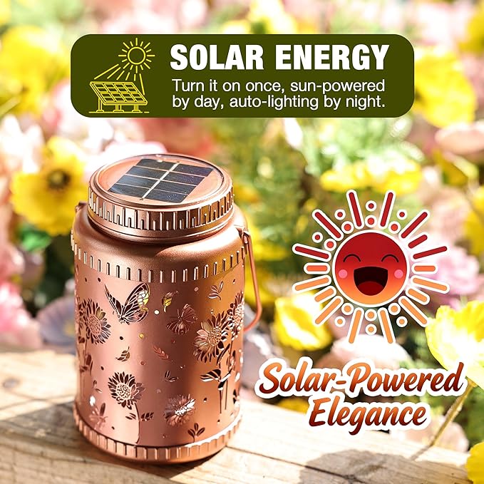 Cooo 2 Pack Solar Lanterns Outdoor Waterproof Sunflower Butterfly Solar Pathway Lights Landscape Path Christmas Gifts for Women Mom Grandma for Outdoor Table Lamps Garden Yard Backyard Decor-Rose Gold