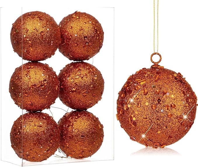 3.15" Large Christmas Balls Ornaments 6 Pcs Shatterproof Big Orange Christmas Ornaments for Xmas Tree Bulk Glitter Big Xmas Tree Ornament for Trees Halloween Holiday Wedding Party Decoration