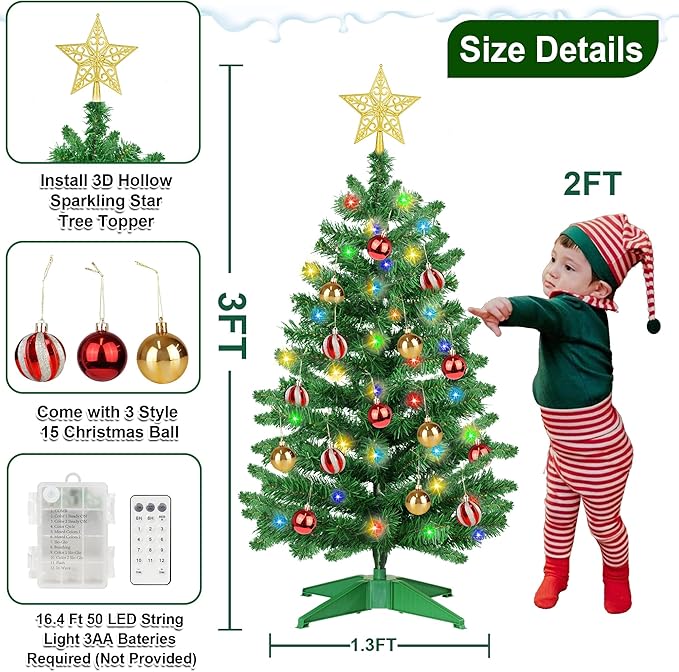 3FT PVC Green Christmas Tree Tinsel with 50 Warm White & Multi Color Fariy Light 3D Star 15 Ball Ornament, 12 Light Modes Timer Battery Operated Small Artificial Full Xmas Tree Indoor Holiday Decor