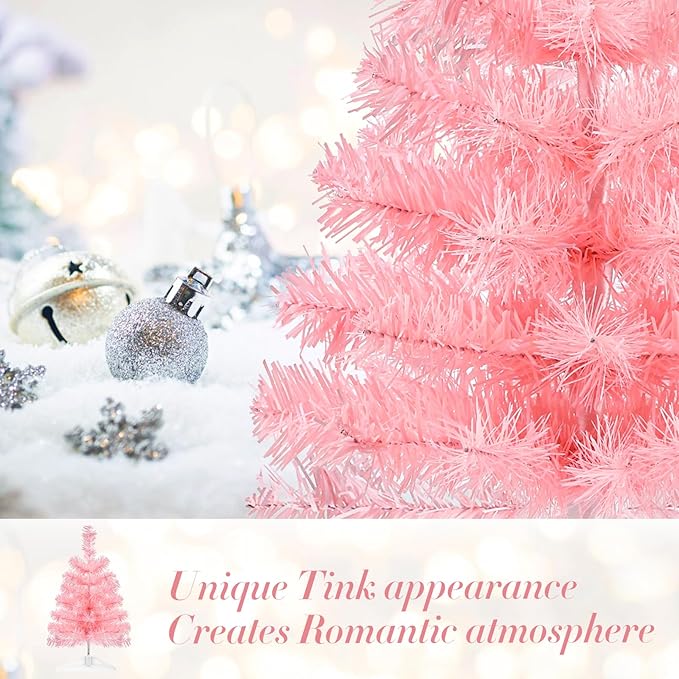 17.7Inch Artificial Christmas Tree Pink Tabletop Christmas Tree with Plastic Stand Mini Xmas Pine Tree for Indoor Outdoor Holiday Home Decoration