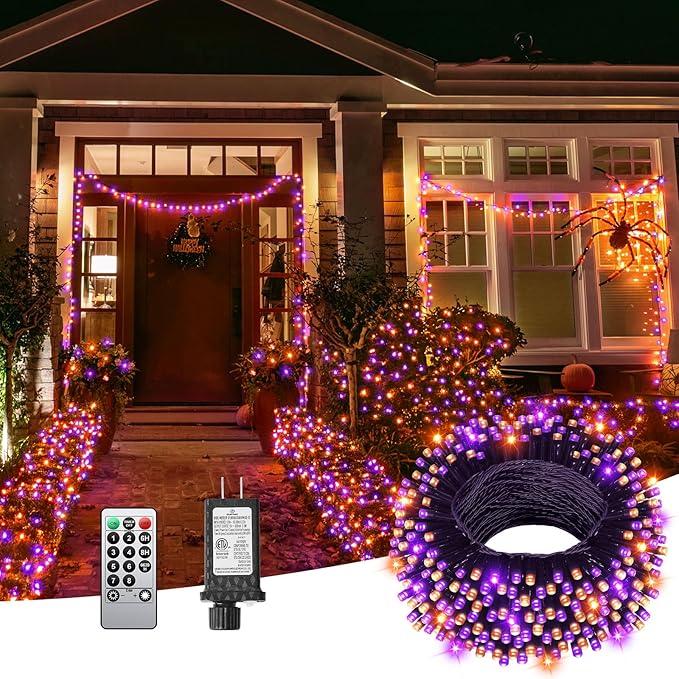 125 FT 380 LED Halloween String Lights, Outdoor Waterproof Black Wire with 8 Modes, Timer & Memory, Plug-in Halloween String Lights for Indoor Yard Tree Decorations, Purple & Orange