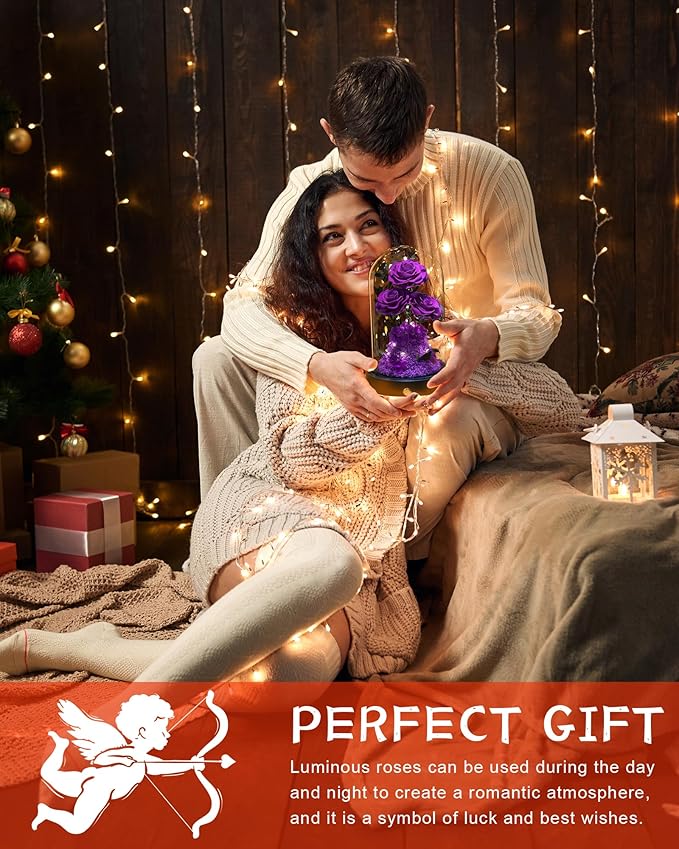 Flowers Roses Gifts for Mom Grandma,Forever Preserved Rose in Glass Dome, Christmas Anniversary Thanksging Birthday Real Roses Gifts for Wife Women Mother in Law/Purple