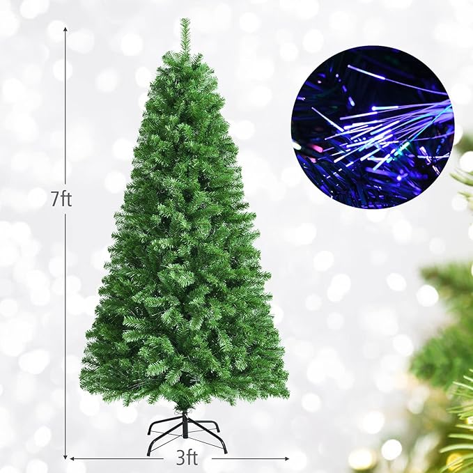 HAPPYGRILL 7FT Pre-lit Fiber Optic Christmas Tree, Artificial Xmas Tree Spruce Tree Green Tree with Metal Stand, 820 Branch Tips, Full Tree for Holiday Decoration