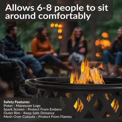 Sunnydaze Crossweave Outdoor Fire Pit - Wood-Burning Fire Pit for Outside with Spark Screen, Poker and Round Cover - 36-Inch - Black