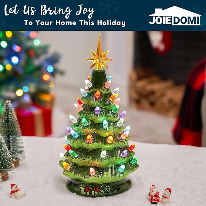 Joiedomi 12" Ceramic Christmas Tree, Table Top Christmas Tree with Flower Leaf, Vintage Pre-lit Xmas Decor with LED Lights, Battery Operated Hand-Painted Xmas Decorations Indoor Home
