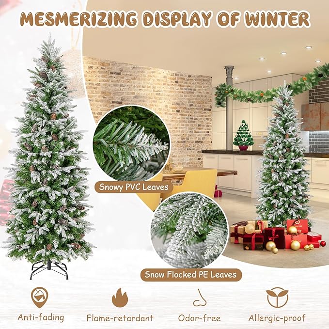GOFLAME 6 FT Pre-Lit Pencil Christmas Tree Snow Flocked, Slim Artificial Xmas Tree with 671 Branch Tips, 280 LED Lights, 60 Natural Pine Cones, Hinged Holiday Decoration Tree for Home Office