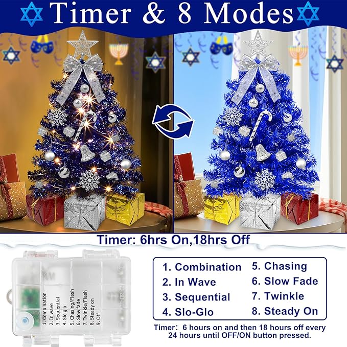 Timer - Hanukkah Decorations 24 Inch/2 FT Blue Tabletop Christmas Tree with Lights, 20 Warm White Lights 8 Mode, 27 Orantment Star Boxes Mini Small Christmas Tree Home Party Table Xmas Hanukkah Decor