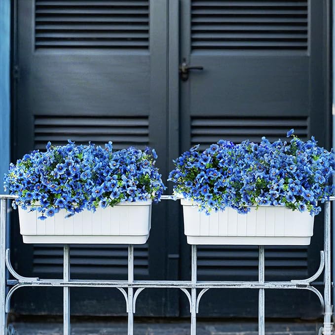 Artificial Faux Plants Flowers for Outdoor Outside Summer Decoration,16 Bundles UV Resistant Realistic Blue Plastic Fake Silk Daisy for Indoor Outside Greenery Boxwood Garden Home Planter Porch Patio