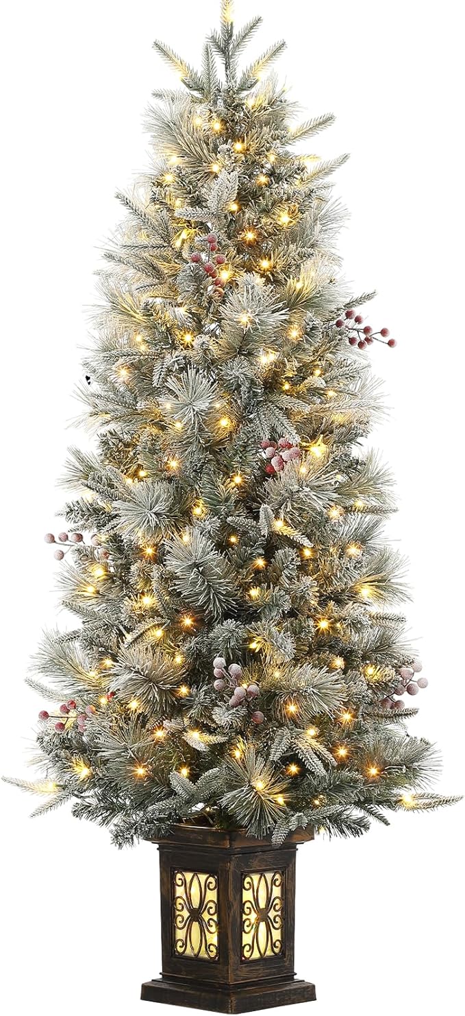 GarveeHome 4.5 ft Pre-Lit Flocked Artificial Christmas Tree with Pine Cones, Artificial Xmas Tree w/ 386 Branch Tips & 200 Lights, Antique Urn Base for Home, Party Decoration,1 PCS
