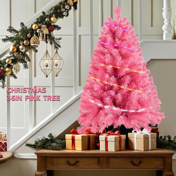 Pink 3ft Christmas Tree with Lights, Small 36inch Artificial Tree Mini Table Top Decorations, Xmas Desk Tree with 80 Colored Lights, 200 Branch, Holiday Decor for Home,Indoor Office Tabletop