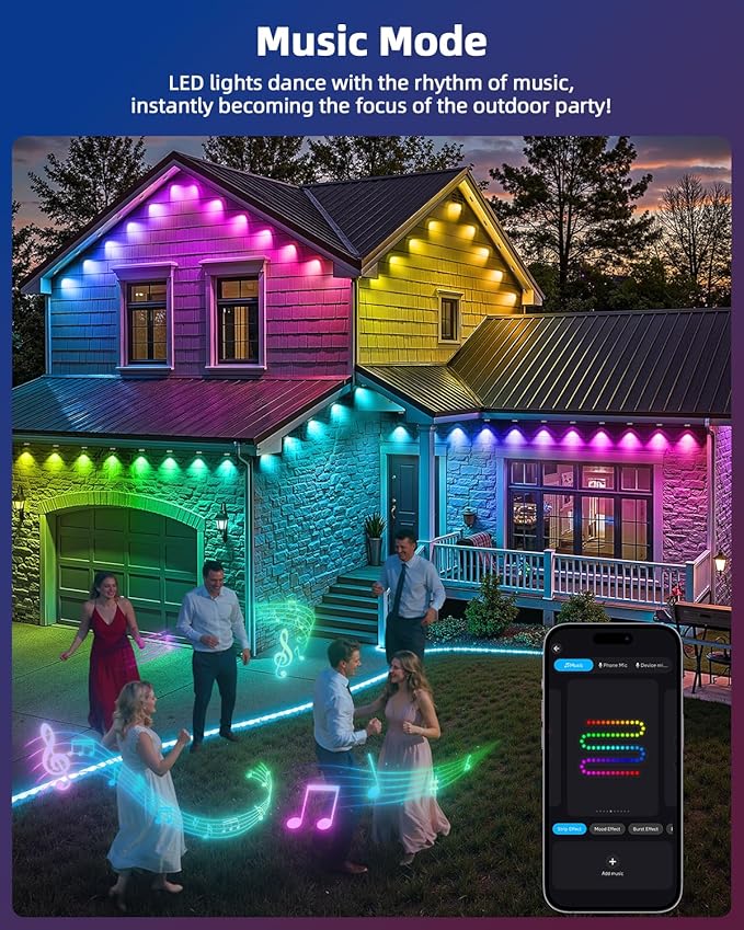 REYLAX 100FT Permanent Outdoor Lights with 60 LED Lights, RGB+IC Eaves Lights, IP67 Waterproof, Multi Scenes for Outdoor Christmas Holidays Decor, Works with APP & Remote Control, White
