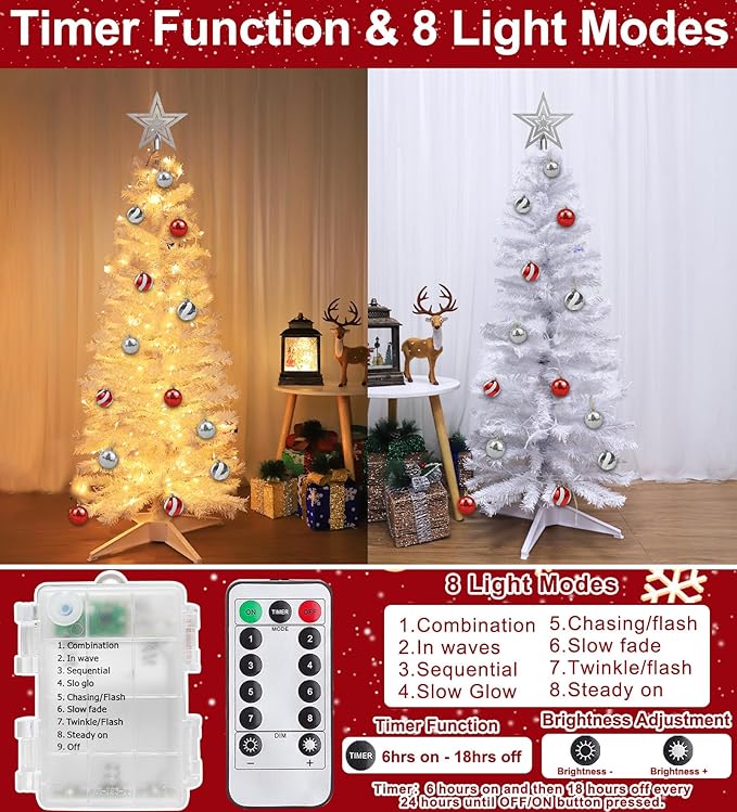 4 Ft Christmas Tree Remote Control 8 Modes Dual Color Change Timer 100 Warm White&Colored Lights 18 Christmas Ball Ornaments 3D Star Battery Operated Small Xmas Tree Table Indoor Holiday Party Decor