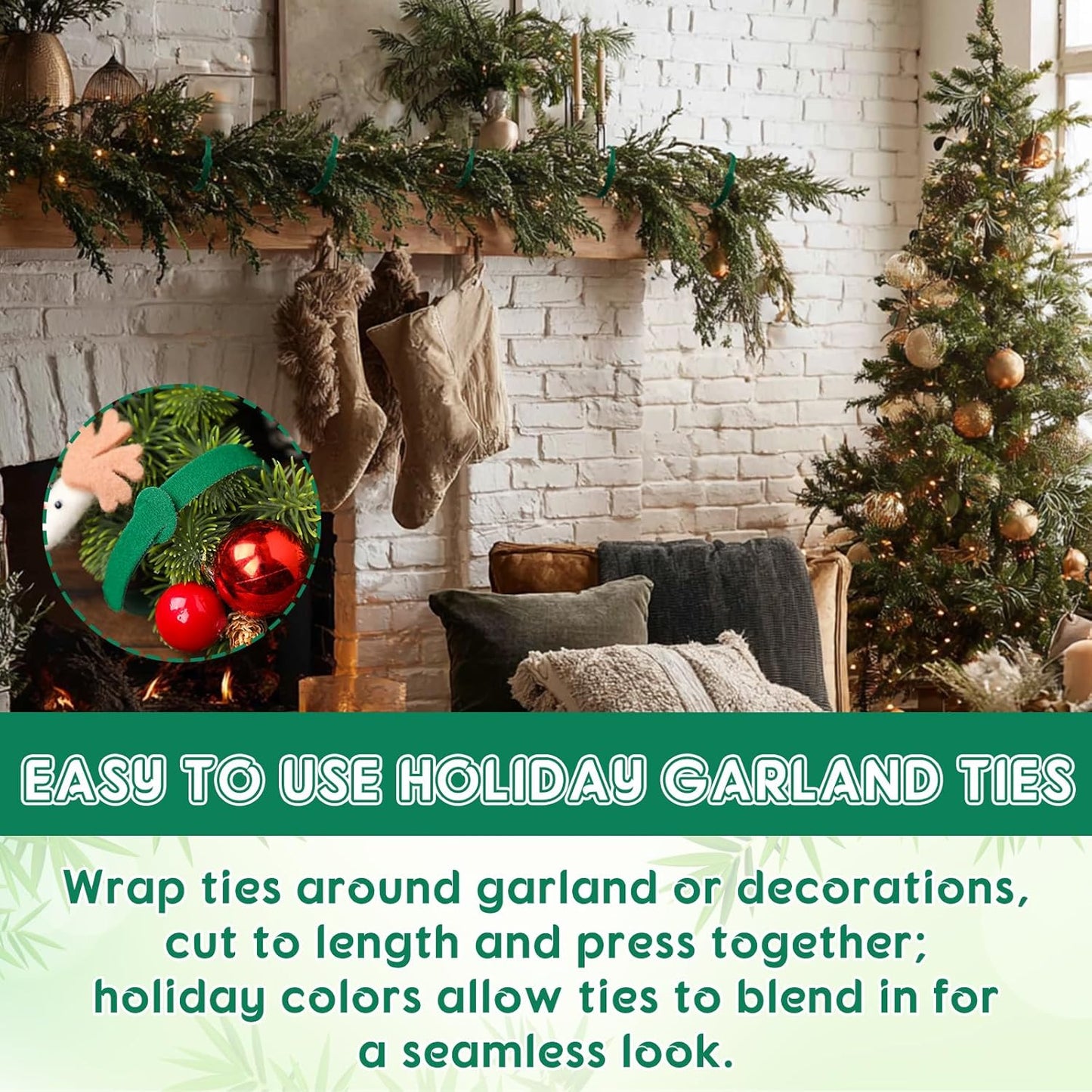 80 Pcs 16 Inch Christmas Garland Ties Green Adjustable Holiday Banister Ties Reusable Fastener Strap Nylon Garden Plant Cable Strap Christmas Tree Wreath Hook Loop Organizer for Home Office