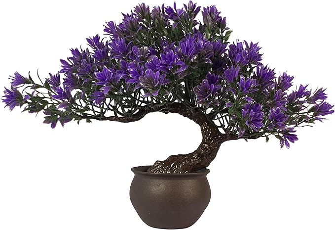 Artificial Bonsai Tree - Fake Plants for Home Decor, Bookshelf Coffee Table Office Desk Bathroom Farmhouse Indoor Decor, 9.5" Tall, Purple