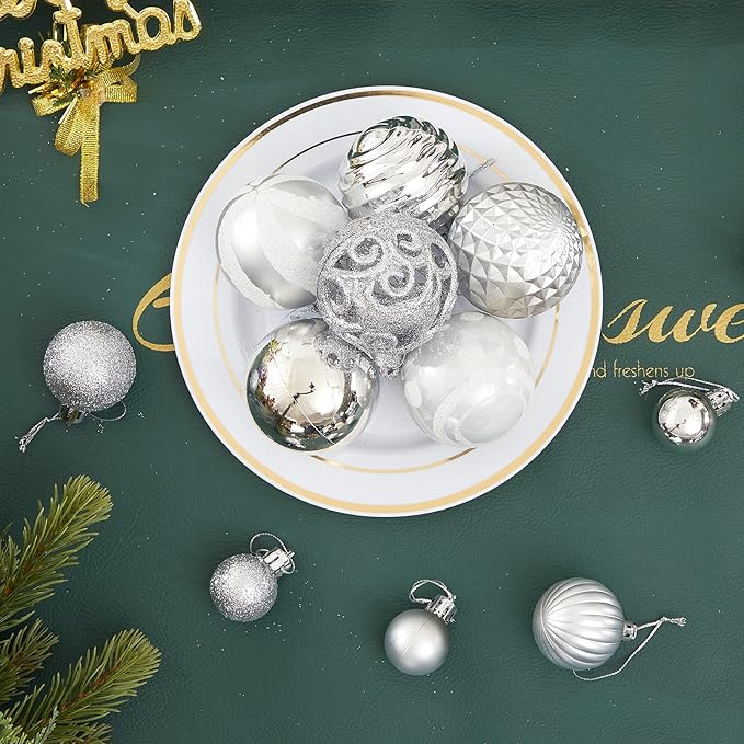 100PCS Christmas Ball Ornaments, Assorted Shatterproof Christmas Tree Decorations, Seasonal Decorative Hanging Baubles Decor Set for Xmas/Holiday/Party, Glitter&Painting Ornament Set (Silver)