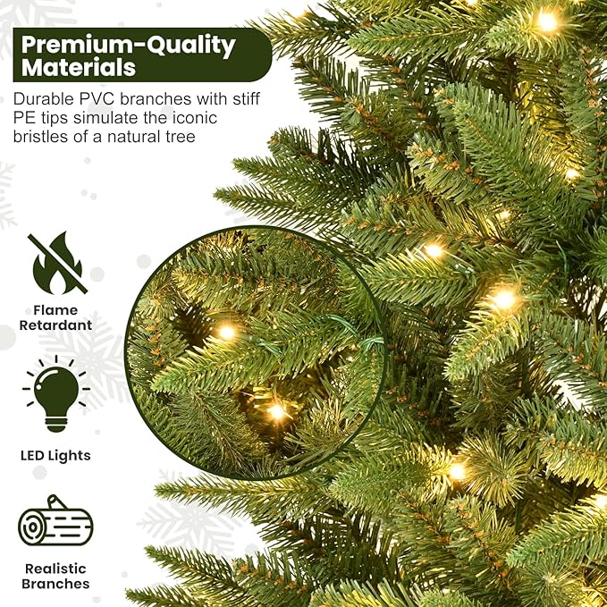 5ft Pre-Lit Artificial Pencil Green Christmas Tree with Warm White 200 LED Lights, Hinged Realistic Slim Xmas Tree w/Sturdy Metal Stand, 610 Tips for Home, Office, Party Decoration