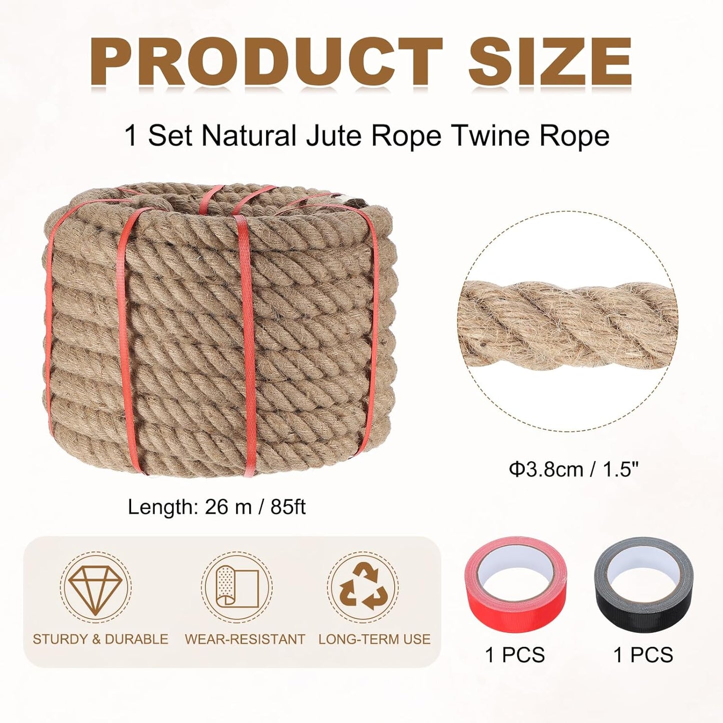 MECCANIXITY Jute Rope 1.5 Inch x 85ft, Thick Twine Rope Ropes Braided Jute Twine Natural Brown Burlap Cord String Heavy Twisted with Tapes for Decorative Crafts Railing Swing Tug of War